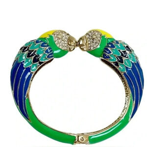 Enamel parrot bird clamper hinged cuff bracelet pave